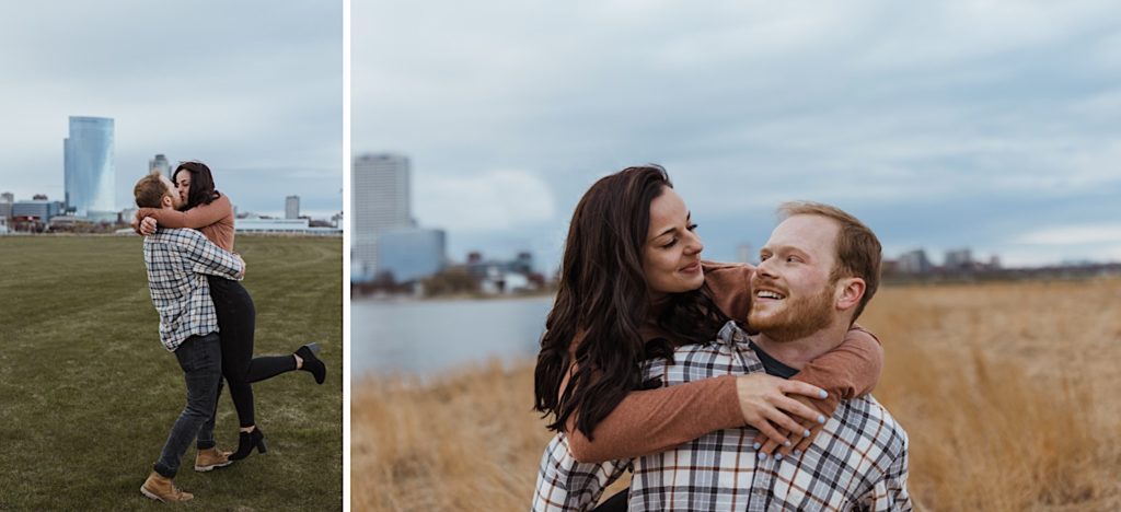 Couple posing for engagement photos with Milwaukee in the background
